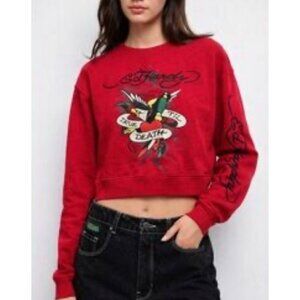 ED HARDY Red 'True Til Death' Graphic Long Sleeve Women's Crop Sweatshirt NWOT M